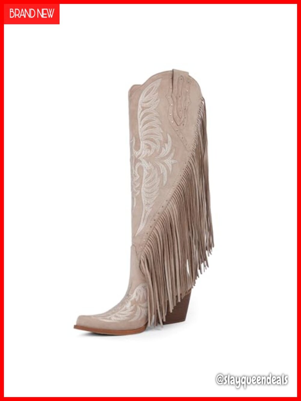 Faux Leather Fringe Cowboy Boots Embroidered Studded Pointed Toe Chunky Heel